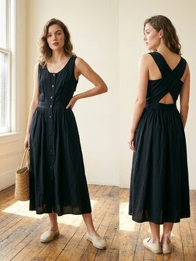 Vintage Alain Toussaint Sleeveless Black Button-Front Midi Dress, size 8